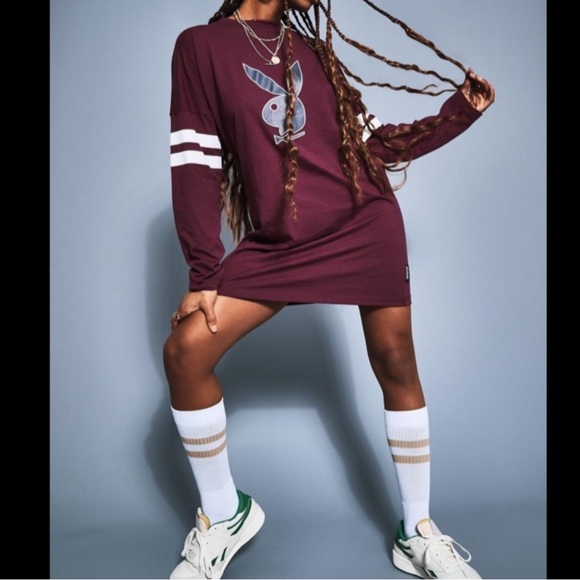 Playboy Vintage Style Graphics Burgundy Oversized Jersey Style T-Shirt Dress - Picture 4 of 6